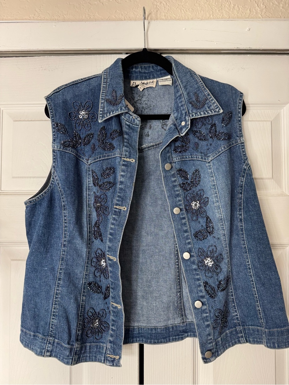 Sleeveless Embroidered Blue Denim Vest - Women's Jacket
